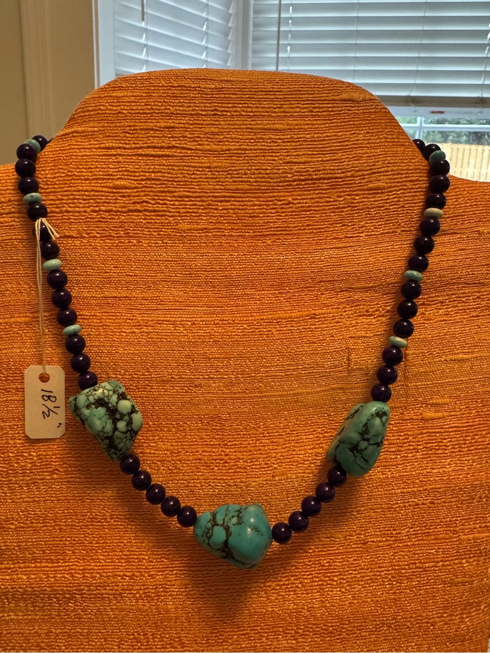 Turquoise and Dark Purple Fossil Beaded Necklace w Sterling Clasp - 18.5”